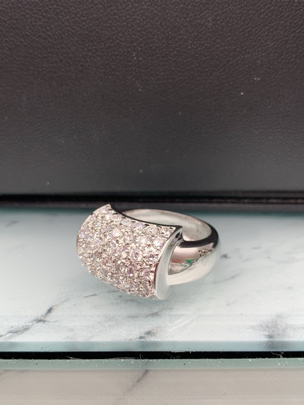 Vintage Art deco style Silver tone Pavé Dome Ring - White Crystal Accent Sz 7.75